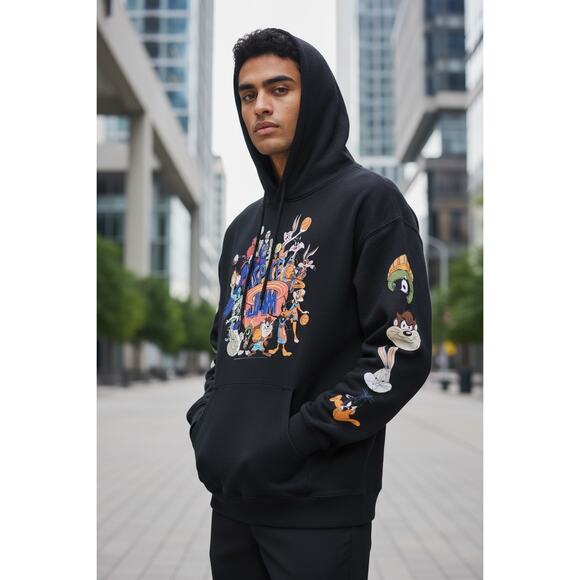 Retro LOONEY TUNES-SPACE JAM Hoodie Sweatshirt-Black-Goon/Tune Squad-EUC-Size XL - Picture 2 of 9